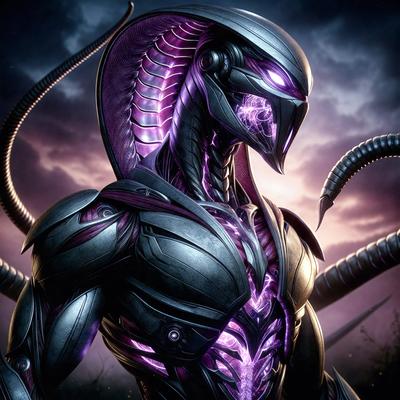 The primary subject of the image is a futuristic robot with a purple and black color scheme. The robot is the main focus of the image, and it appears to be a digital art or illustration. The setting is a dark, cloudy sky, which adds to the overall mood of the image. The colors and mood of the image are predominantly purple and black, creating a sense of mystery and intrigue.